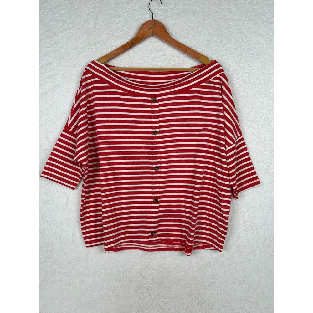 Umgee Top Womens Large Red White Striped Button Front Boat Neck Short Sleeve